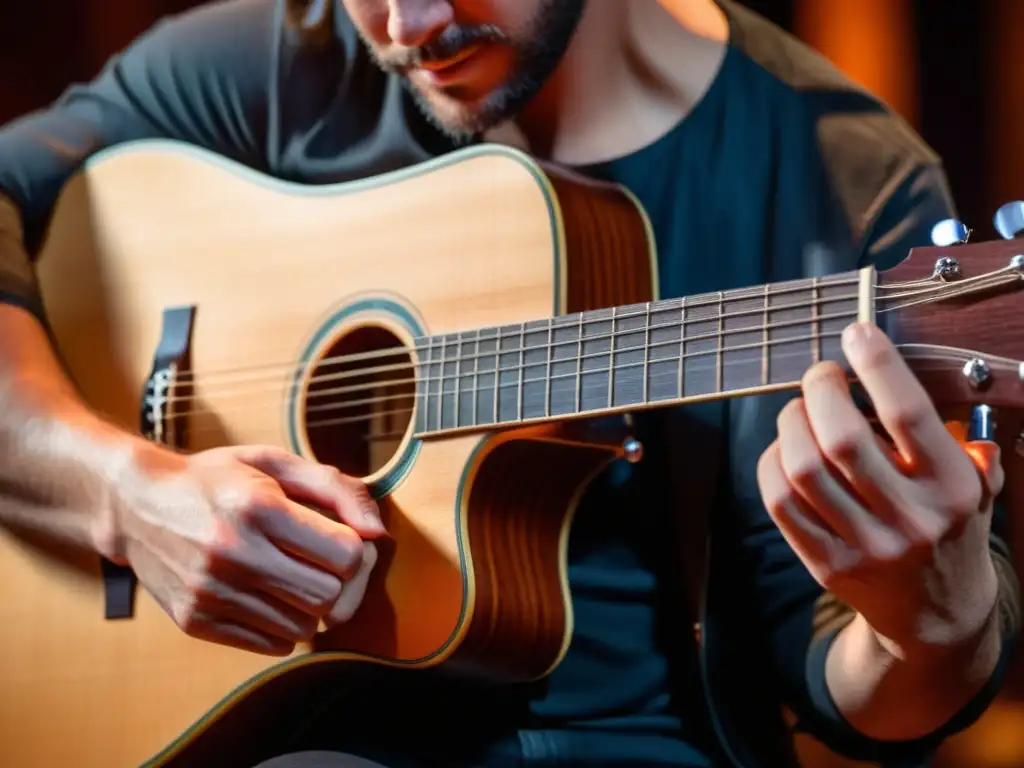Un guitarrista acústico habilidoso en un torneo, plasmando emoción al tocar las cuerdas con pasión en un auditorio iluminado