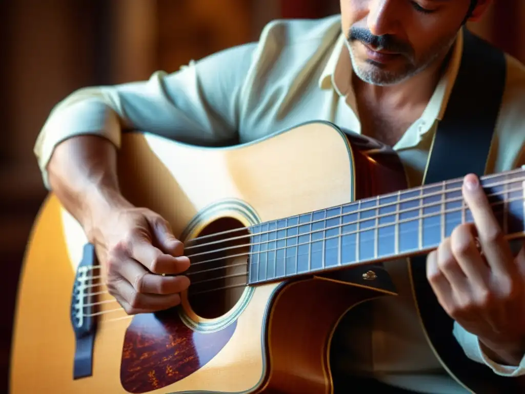 Un guitarrista apasionado toca con técnica una guitarra española, mostrando intensa pasión en su rostro y manos