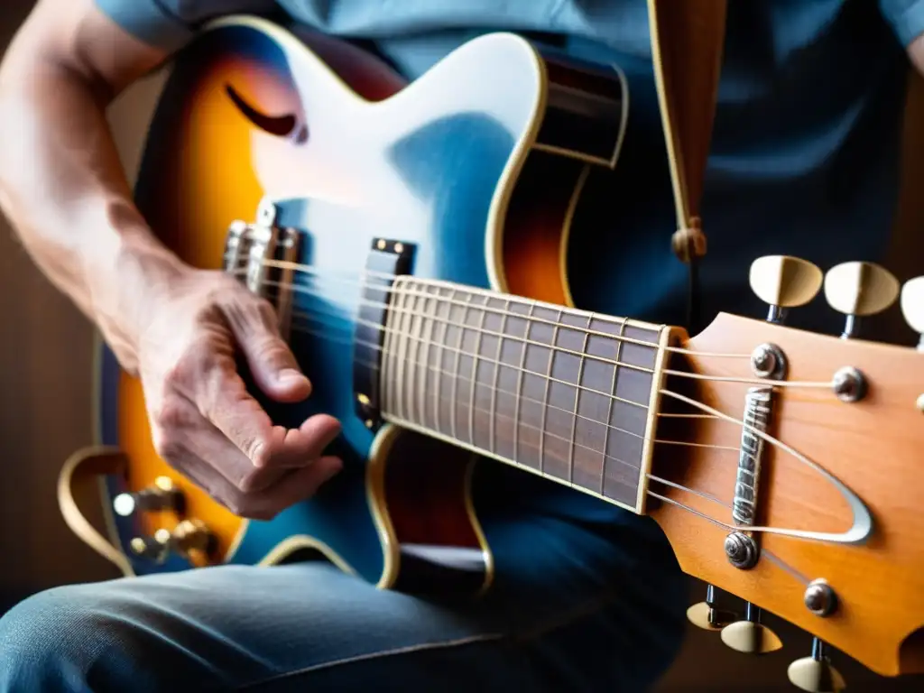 Un guitarrista de blues experimentado muestra la importancia del shuffling en el Blues a través de sus manos curtidas y la pasión en su interpretación