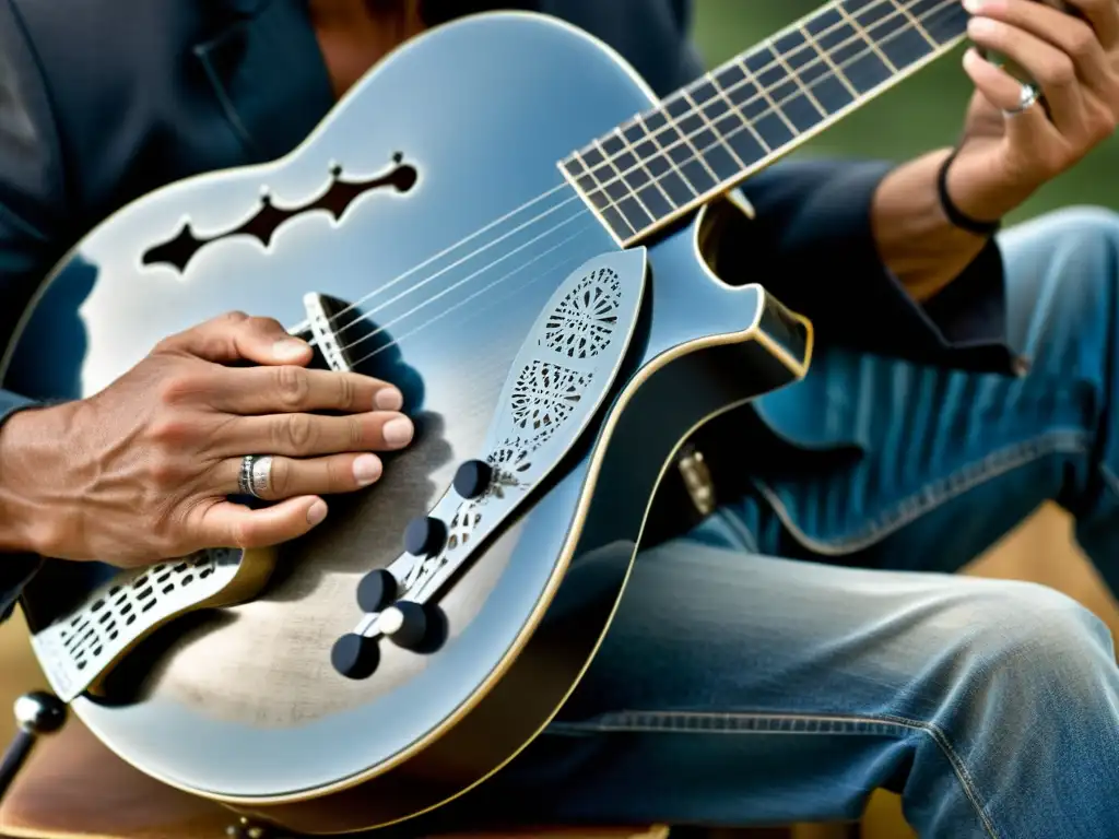 Un guitarrista de blues experto se concentra intensamente mientras desliza sus dedos sobre las cuerdas de acero de un dobro en un club de blues