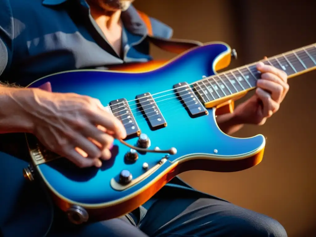 Un guitarrista de blues ejecuta técnicas de vibrato y bend con precisión y pasión en su guitarra eléctrica, capturando la esencia del blues