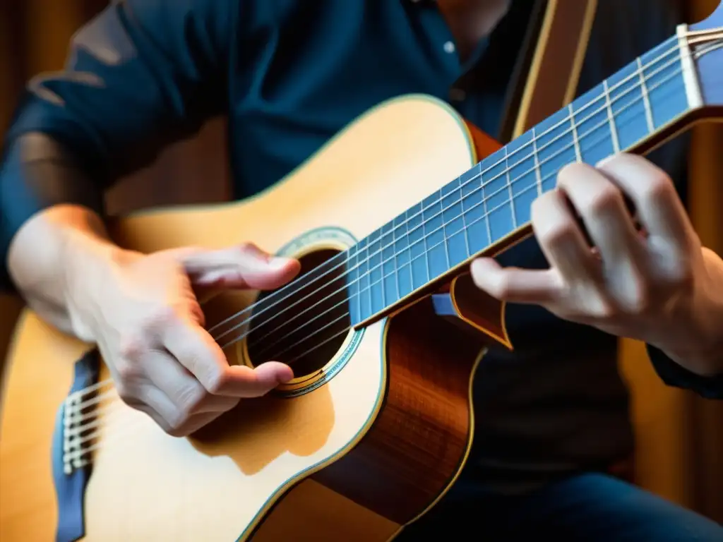 Un guitarrista clásico ejecuta una impecable técnica trémolo en una guitarra clásica, transmitiendo maestría y pasión por la música