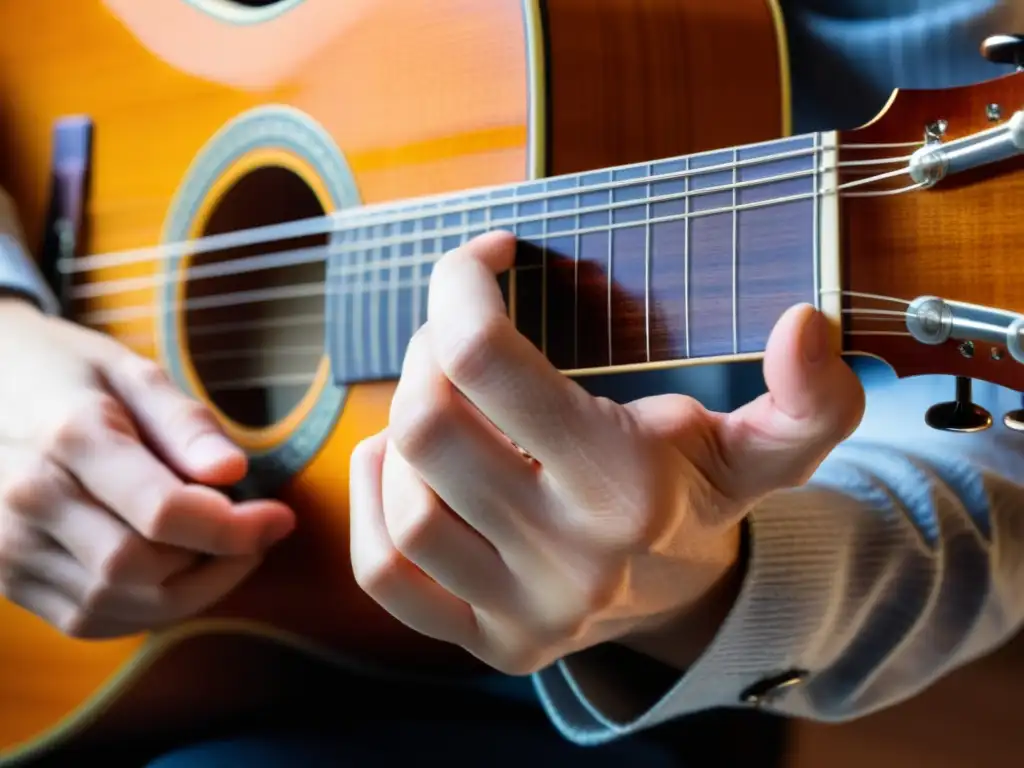 Un guitarrista clásico ejecutando con maestría la técnica flageolet en composiciones clásicas, resaltando la destreza y precisión de sus manos