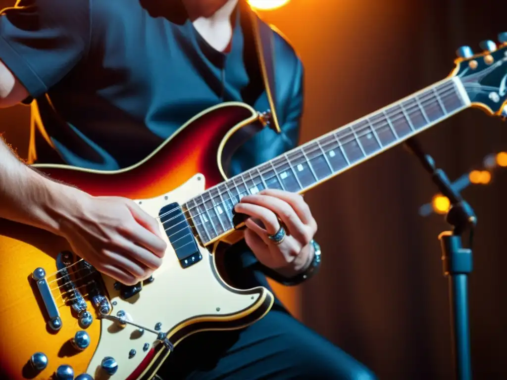 Un guitarrista ajusta con precisión las clavijas de afinación de su guitarra eléctrica moderna bajo cálida iluminación de escenario