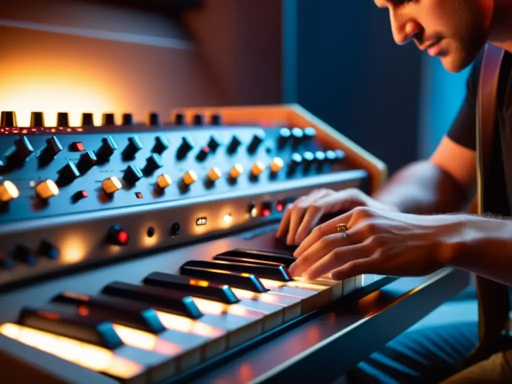 Un guitarrista manipula los controles de un sintetizador, creando nuevos sonidos