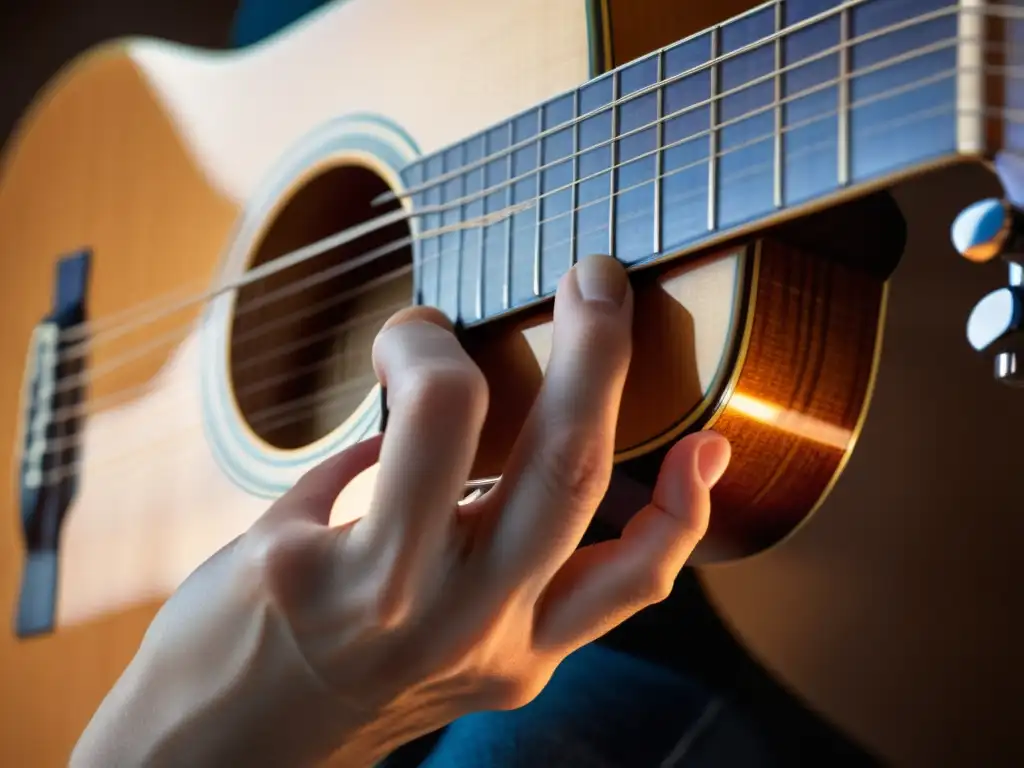 Un guitarrista presiona suavemente las cuerdas de una guitarra acústica, creando armónicos