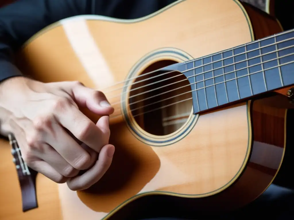 Un guitarrista ejecutando con destreza la técnica de slurs en guitarra clásica, resaltando su habilidad y expresividad