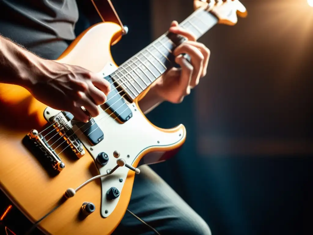 Un guitarrista ejecuta con eficiencia y velocidad el puenteo alternativo en su guitarra eléctrica, iluminado por cálidas luces de escenario