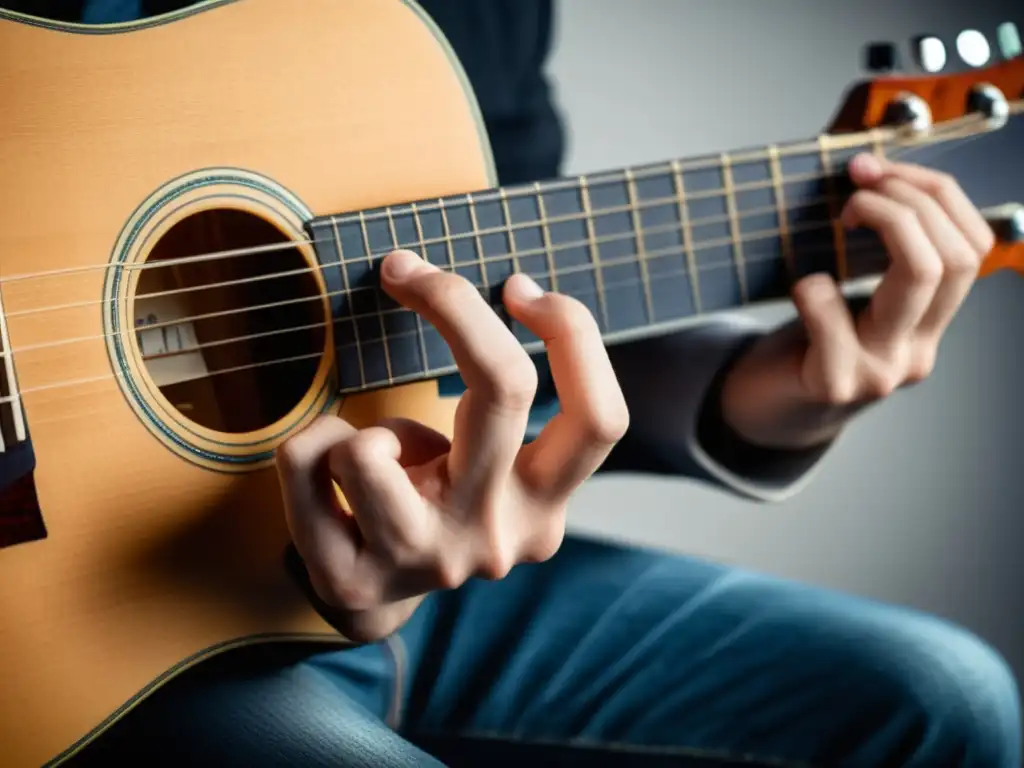 Un guitarrista ejecuta ejercicios para desarrollar agilidad de dedos en el diapasón de su guitarra, mostrando precisión y dedicación