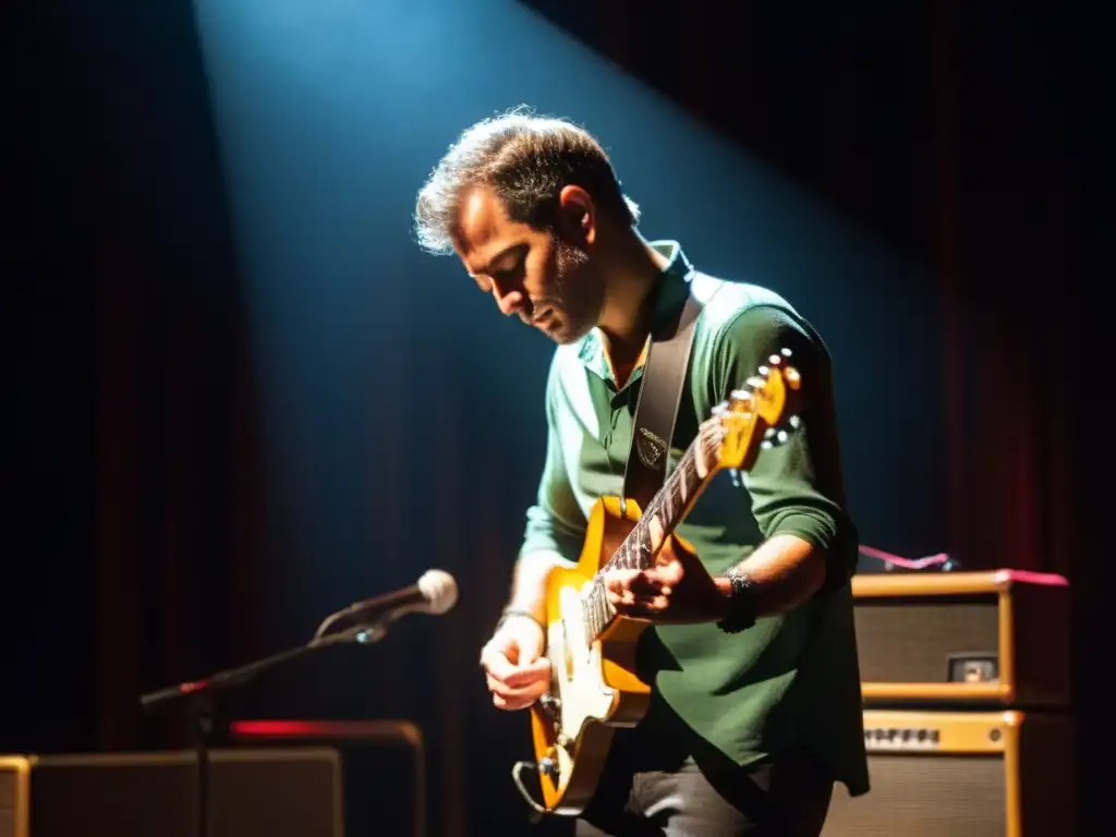 Un guitarrista eléctrico se sumerge en una improvisación apasionada, iluminado por un foco en un escenario