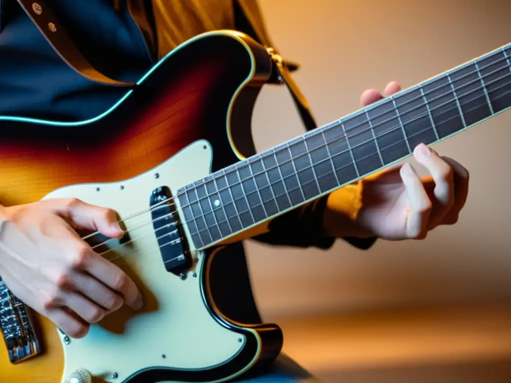 Un guitarrista eléctrico ejecutando la técnica sweep picking con precisión y destreza, mostrando la fluidez de sus dedos en las cuerdas