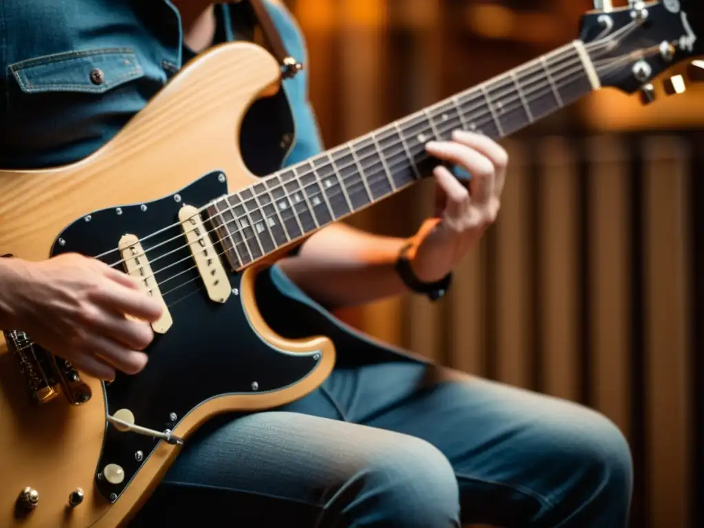 Un guitarrista explorando escalas avanzadas con intensa concentración, iluminado por una cálida luz