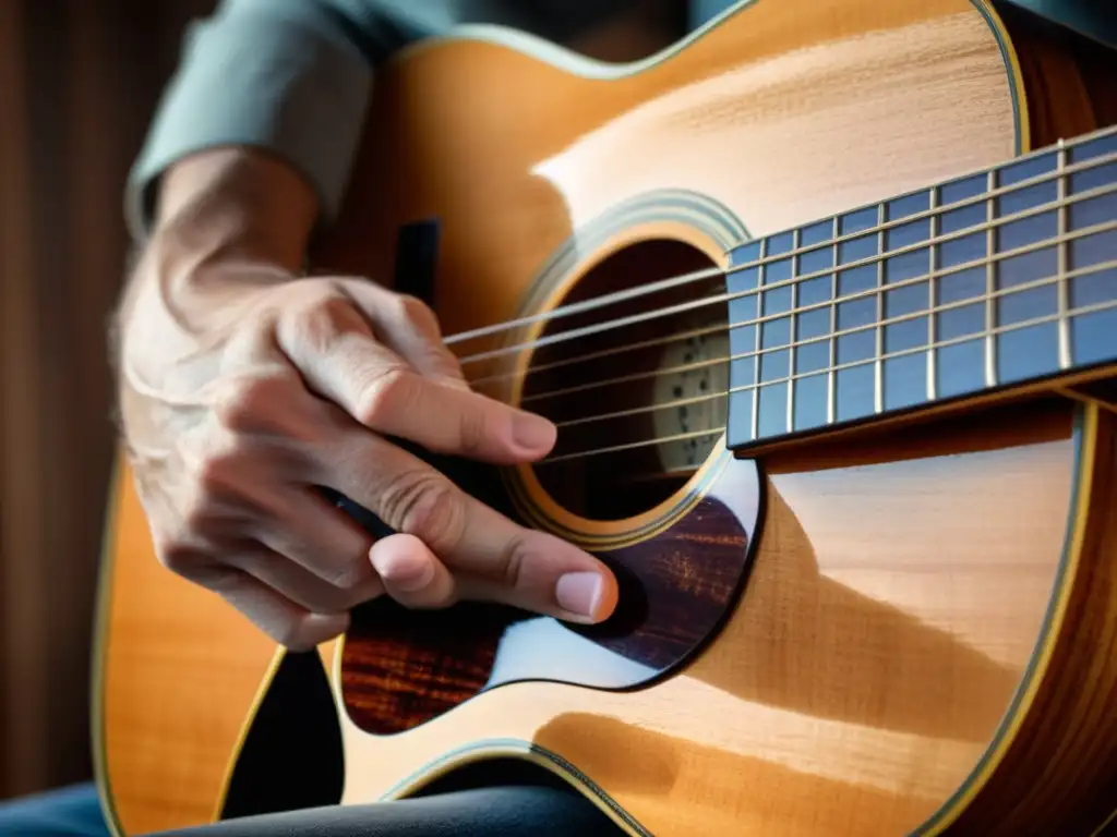 Un guitarrista experimentado ajusta las cuerdas de una guitarra acústica, mostrando el proceso de afinación alternativa para explorar nuevos sonidos