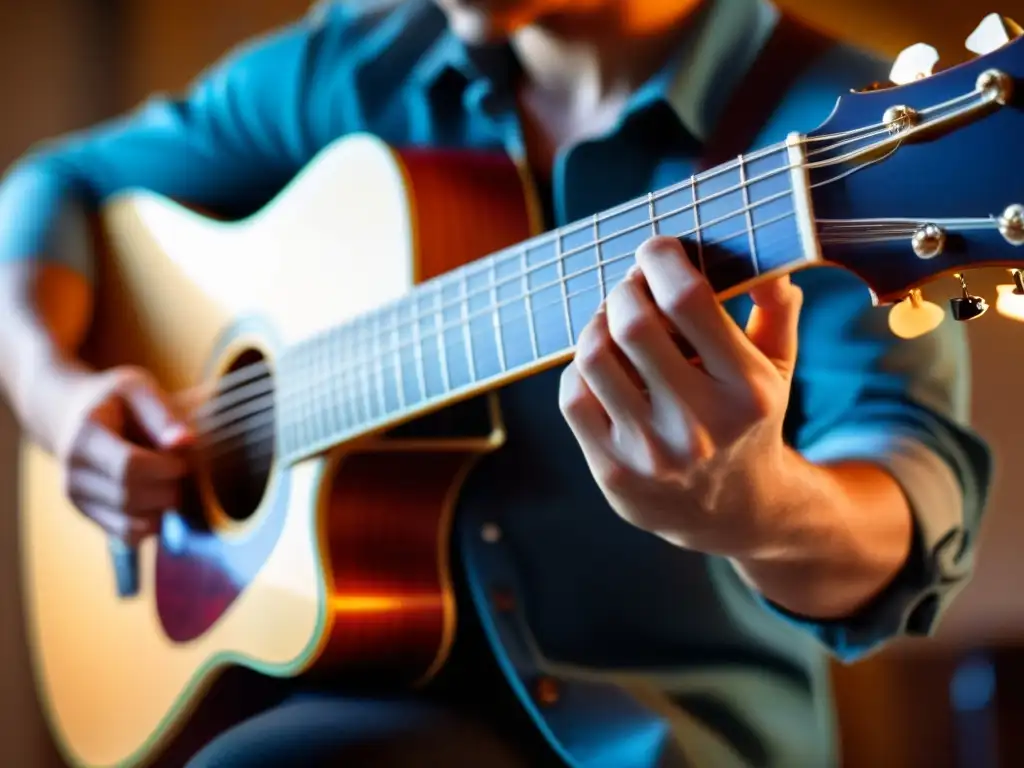 Un guitarrista experimentado ejecuta técnicas vibrato guitarra con gracia, enfoque y precisión, destacando la elegancia de su interpretación