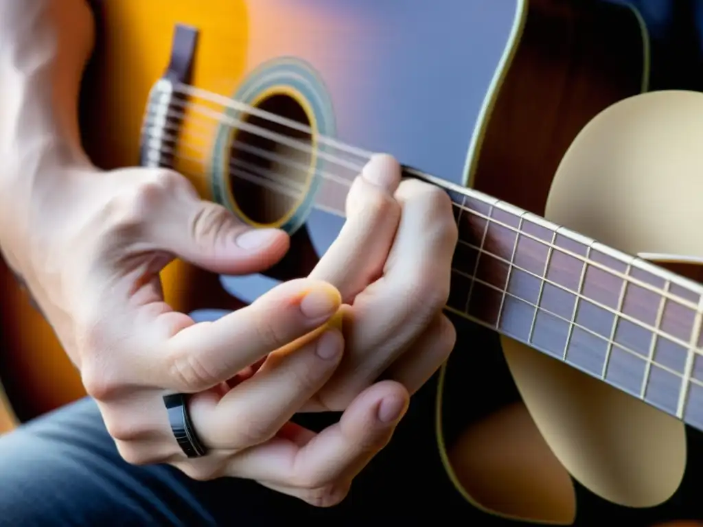 Un guitarrista experto realiza una afinación alternativa en su guitarra, mostrando años de dedicación y precisión en sus manos