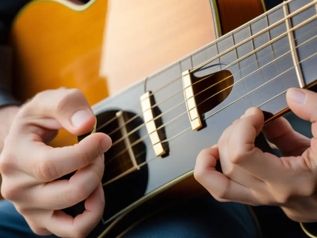 Un guitarrista experto ajusta las clavijas de afinación en una guitarra, bañado en cálida luz natural