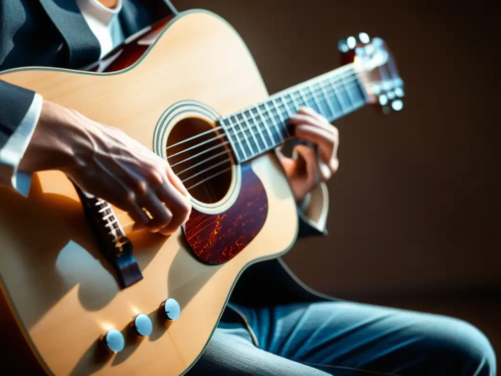 Un guitarrista experto muestra su destreza y enfoque al tocar las cuerdas con precisión