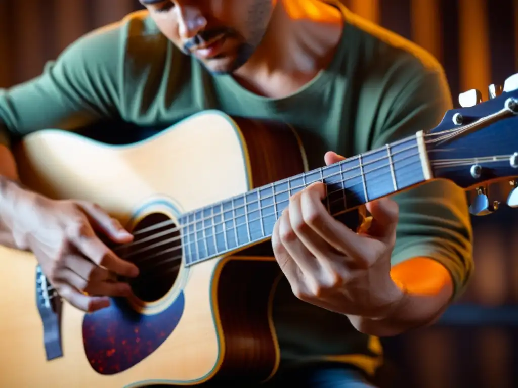 Un guitarrista experto emocionado, en un torneo de guitarra acústica, mostrando pasión y destreza mientras toca las cuerdas con intensidad