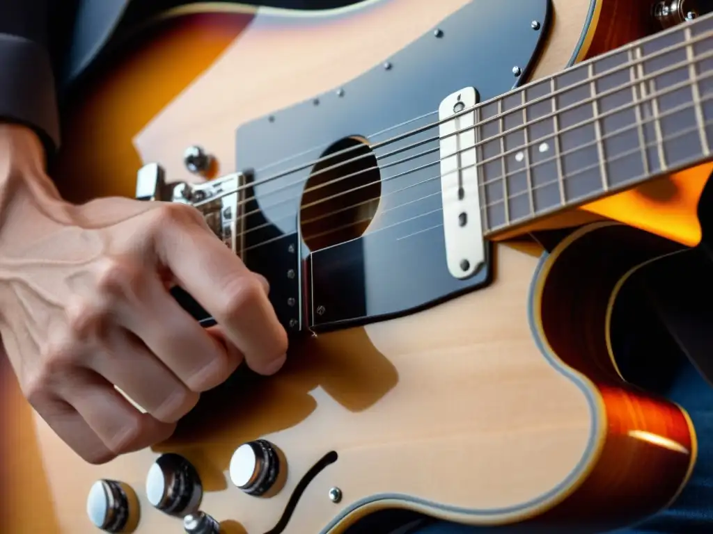 Un guitarrista experto improvisa escalas avanzadas en una guitarra eléctrica pulida, con dedos adornados de callos, en un concierto emocionante