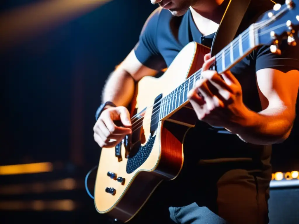 Un guitarrista experto toca una guitarra barítono en un escenario iluminado, cautivando al público con una actuación emotiva