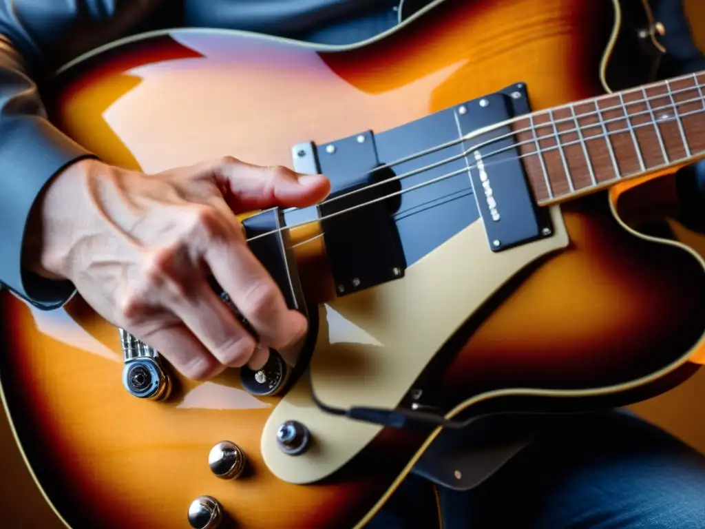 Un guitarrista experto muestra intensa emoción al ejecutar la técnica del bending en guitarra eléctrica