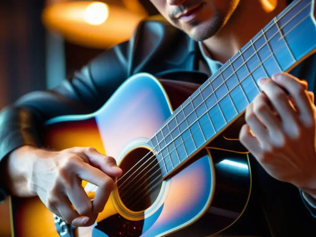 Un guitarrista experto desliza un slide metálico en el diapasón de una guitarra acústica, mostrando pasión y técnica slide guitarra acústica