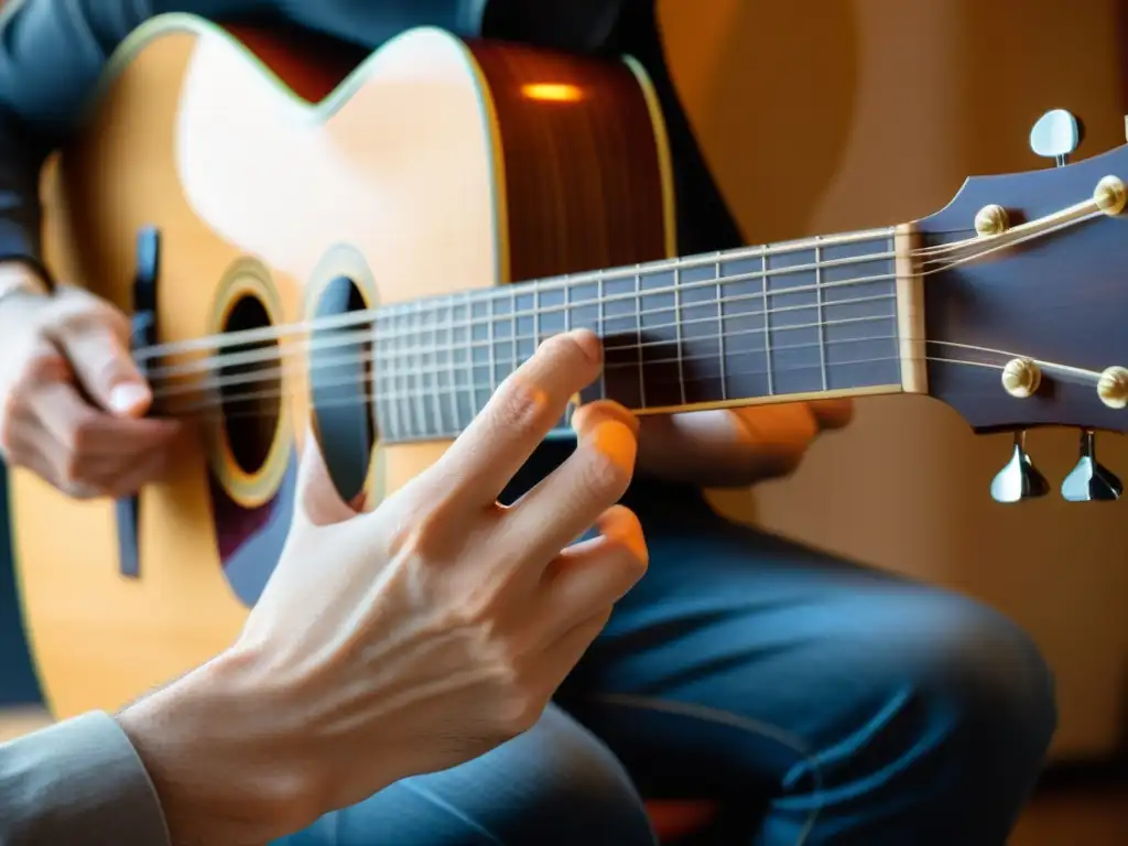 Un guitarrista experto muestra la técnica cejilla para acordes de guitarra completa, con precisión y destreza en sus manos