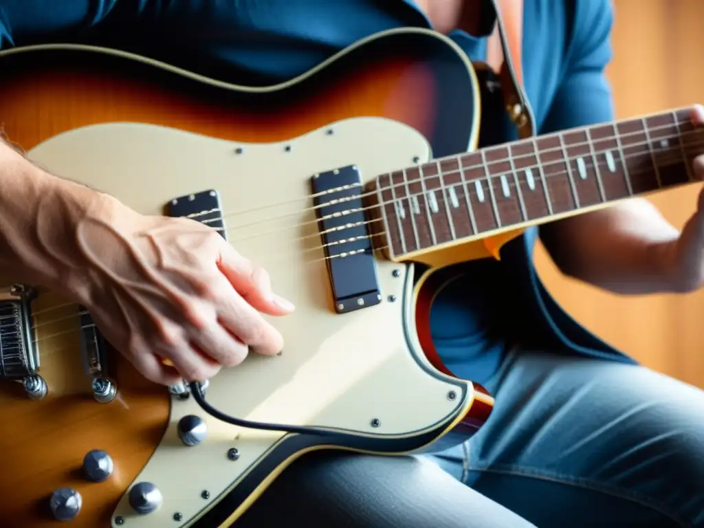 Un guitarrista experto ejecuta la técnica tapping guitarra dos manos con precisión, inmerso en la música