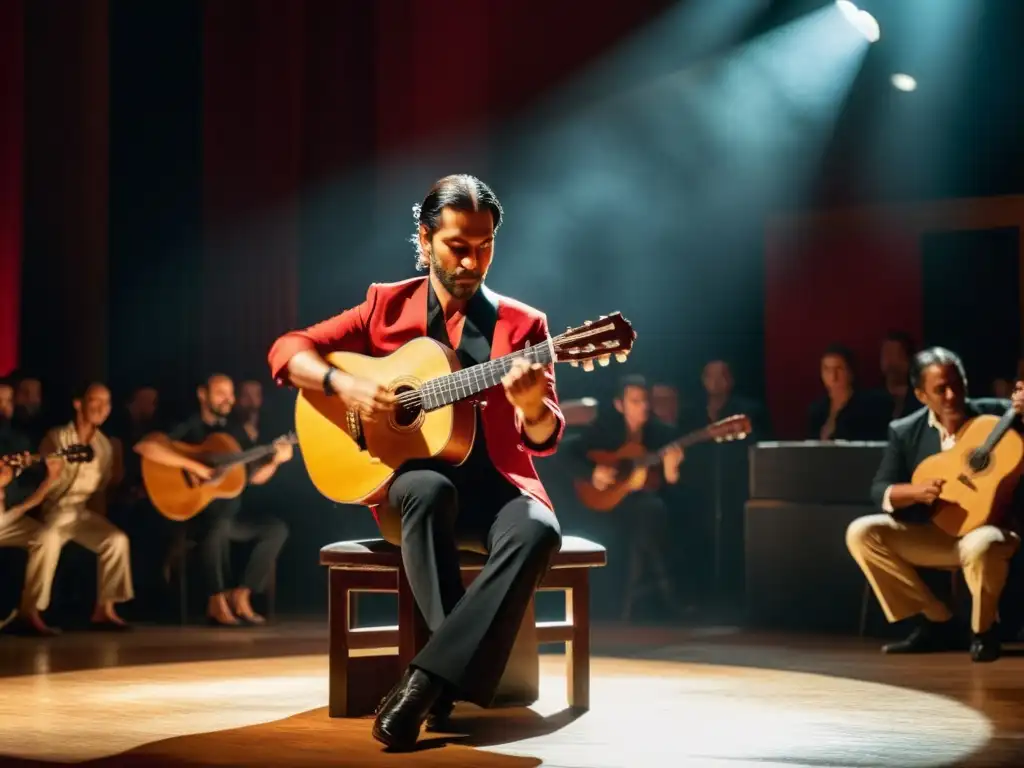 Un guitarrista flamenca experto interpreta con pasión en un escenario tenue, rodeado de espectadores apasionados