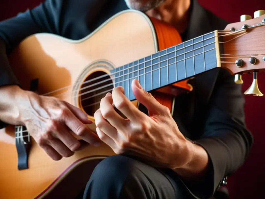 Un guitarrista de flamenco apasionado toca con improvisación, mostrando la importancia de la improvisación en el flamenco