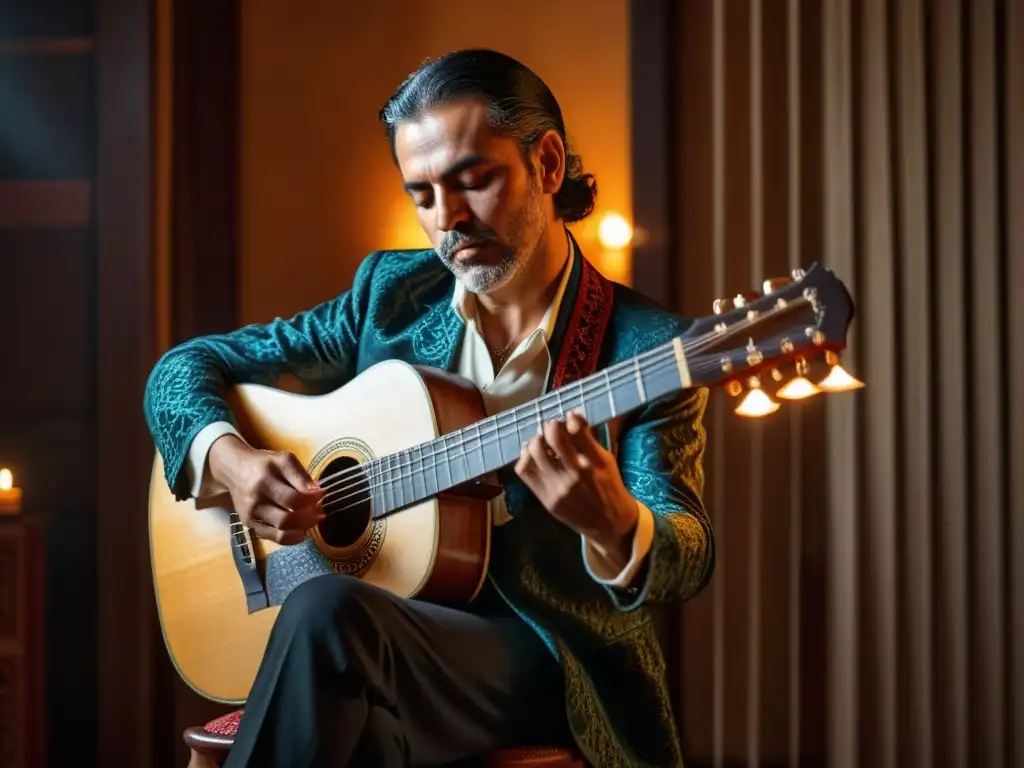 Un guitarrista flamenco se sumerge en la emotiva música, sus manos dan vida a la guitarra en una habitación iluminada por velas