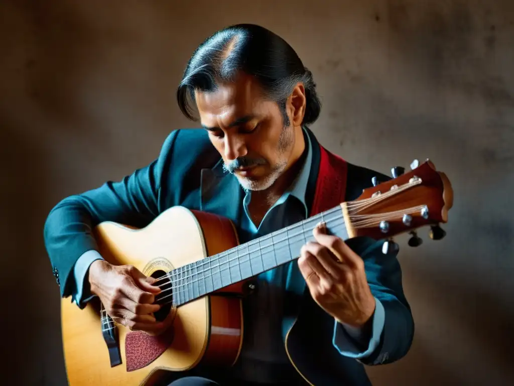 Un guitarrista de flamenco experimentado toca con pasión su guitarra en un ambiente íntimo y tenue