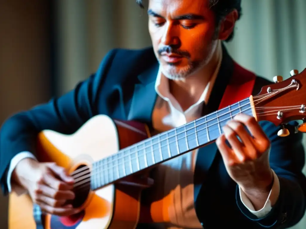 Un guitarrista de flamenco muestra la importancia de la improvisación en su música, con manos y rostro llenos de pasión y energía