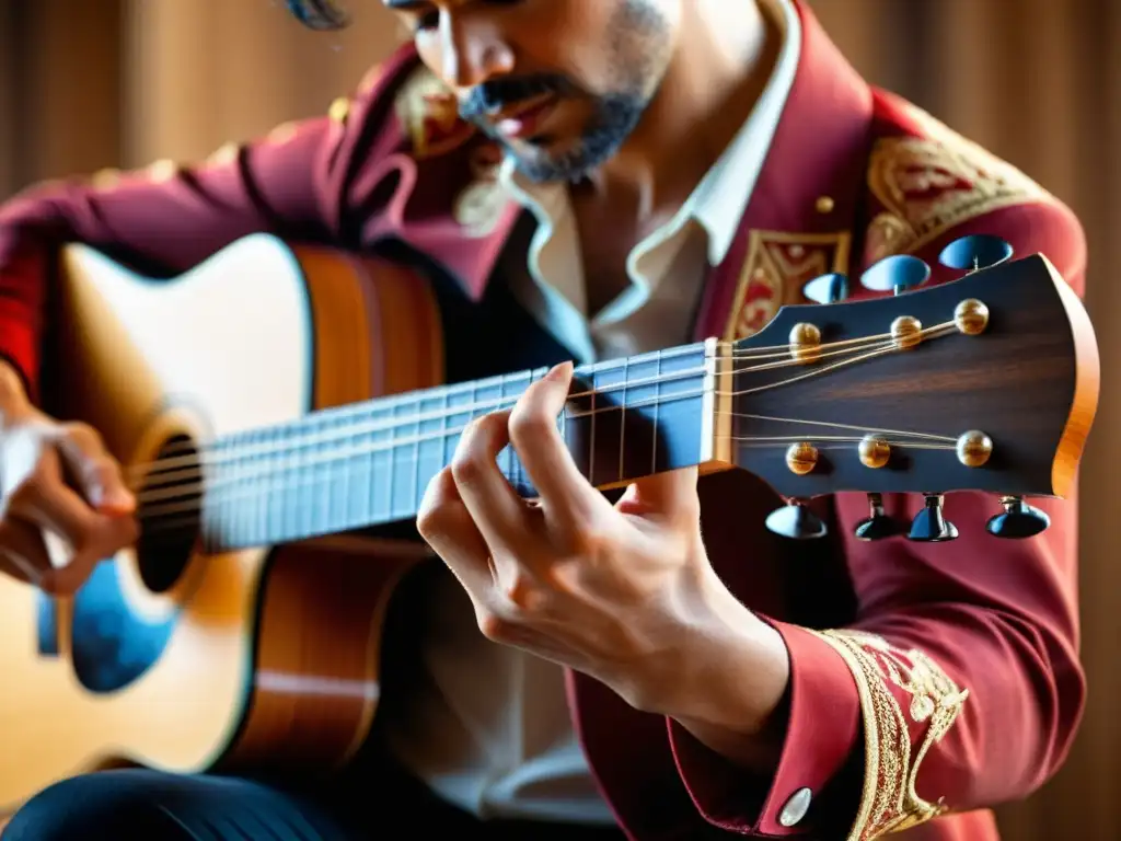 Un guitarrista de flamenco toca apasionadamente su instrumento, mostrando la importancia de la improvisación en el flamenco