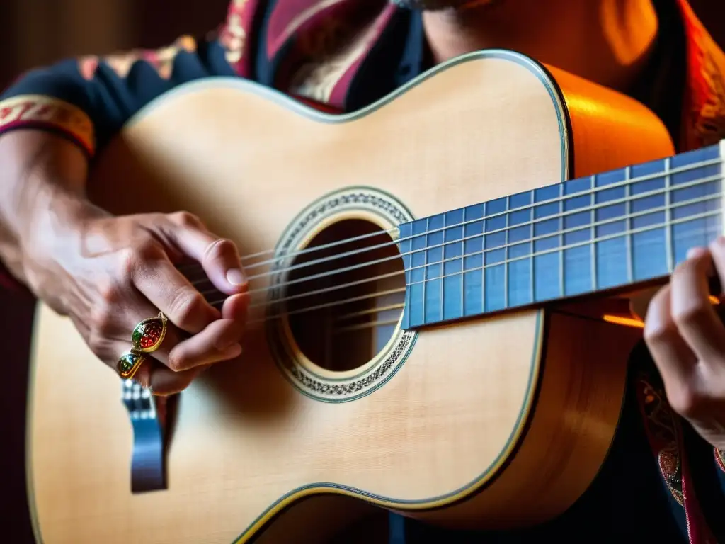 Un guitarrista de flamenco con las manos adornadas toca una guitarra española, mostrando la raíces y relevancia cultural de la guitarra flamenca