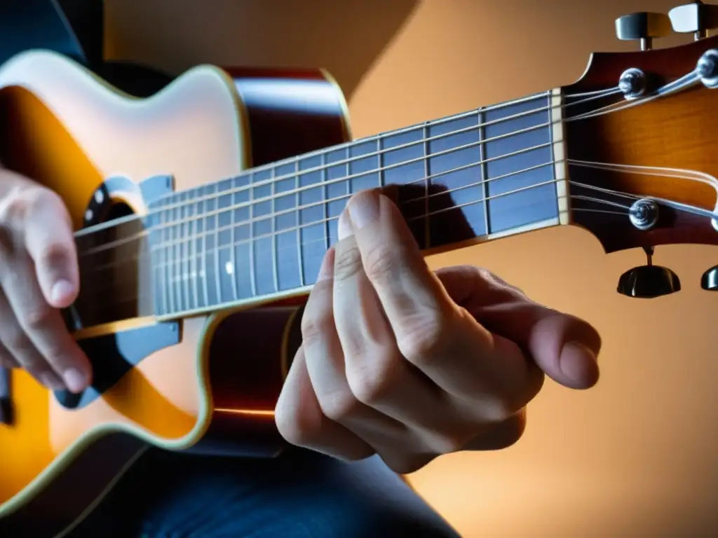 El guitarrista dobla con gracia la cuerda, transmitiendo la intensidad de la técnica del bending en guitarra eléctrica