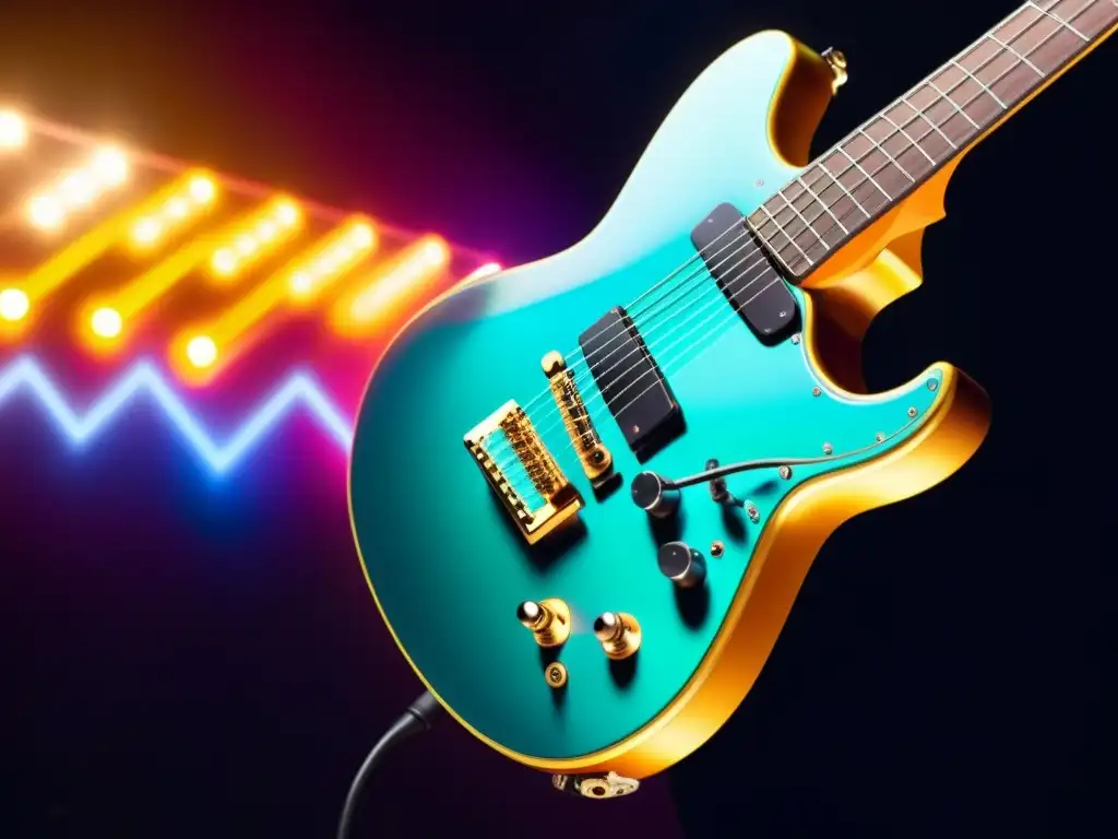 Un guitarrista toca una guitarra eléctrica con tecnología IoT en un escenario iluminado por luces de colores