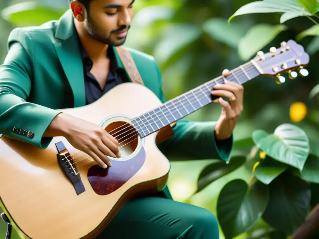 Un guitarrista toca una guitarra de madera artesanal rodeado de naturaleza