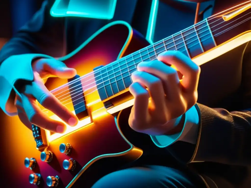 Un guitarrista toca una guitarra MIDI futurista con guantes MIDI hightech, fusionando tradición y tecnología