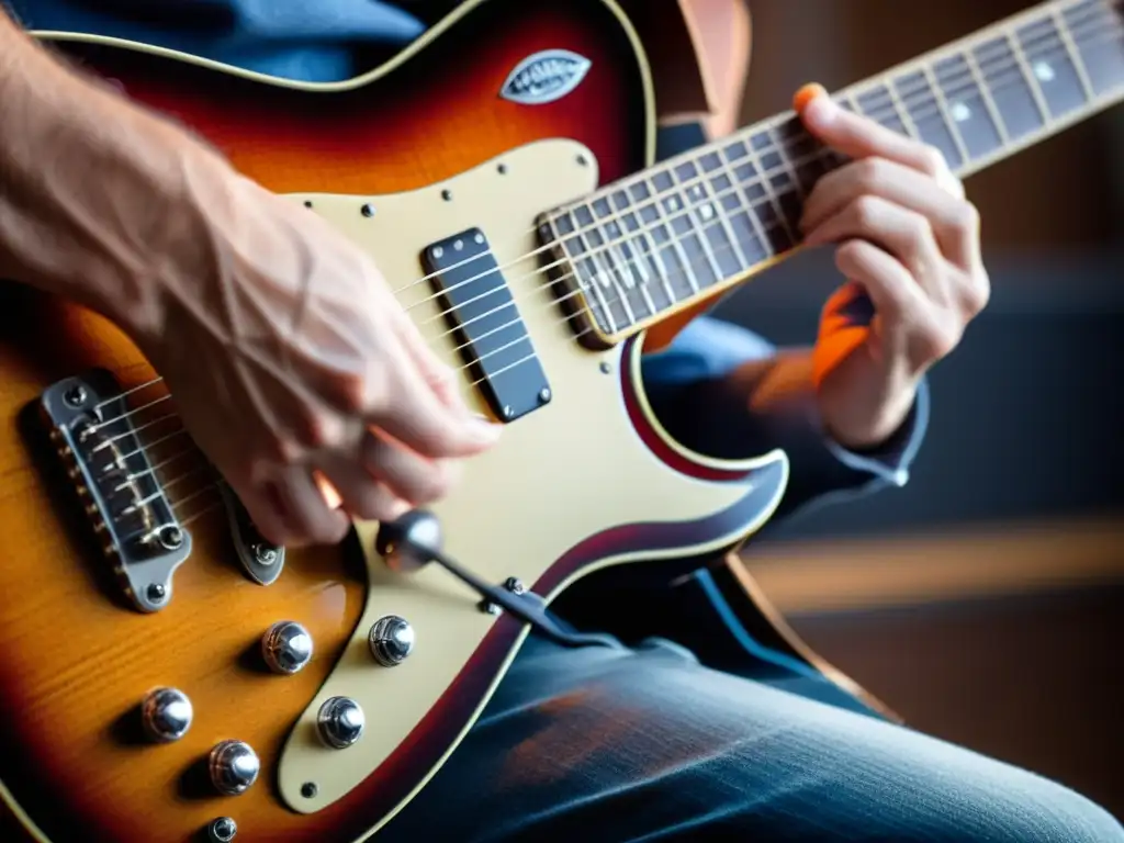 Un guitarrista muestra intensa pasión y destreza al improvisar en su guitarra eléctrica, con movimientos rápidos y precisos en el diapasón