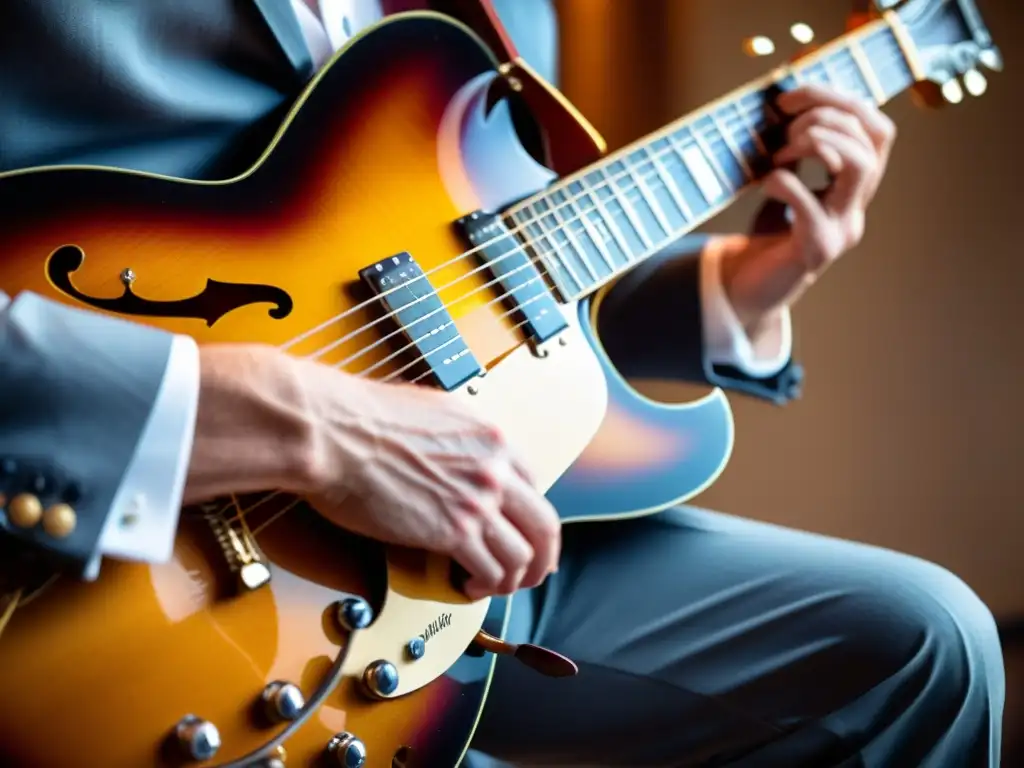 Un guitarrista de jazz ejecuta con maestría acordes complejos en una guitarra hueca vintage, iluminado por la dramática luz de un club de jazz