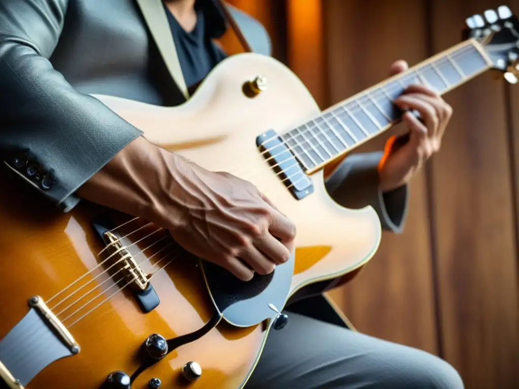 Un guitarrista de jazz muestra su técnica improvisadora en una guitarra vintage de cuerpo hueco, iluminado por una cálido resplandor ambiental