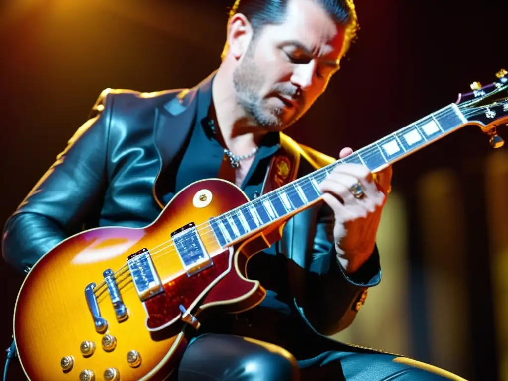 Un guitarrista concentra su pasión en una Gibson Les Paul vintage, iluminada en el escenario