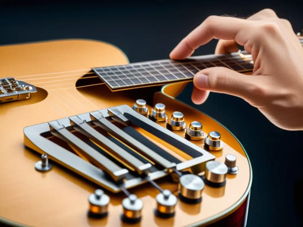 Un guitarrista ajusta con precisión una guitarra autotunable de precisión, resaltando la tecnología innovadora y el proceso meticuloso de afinación