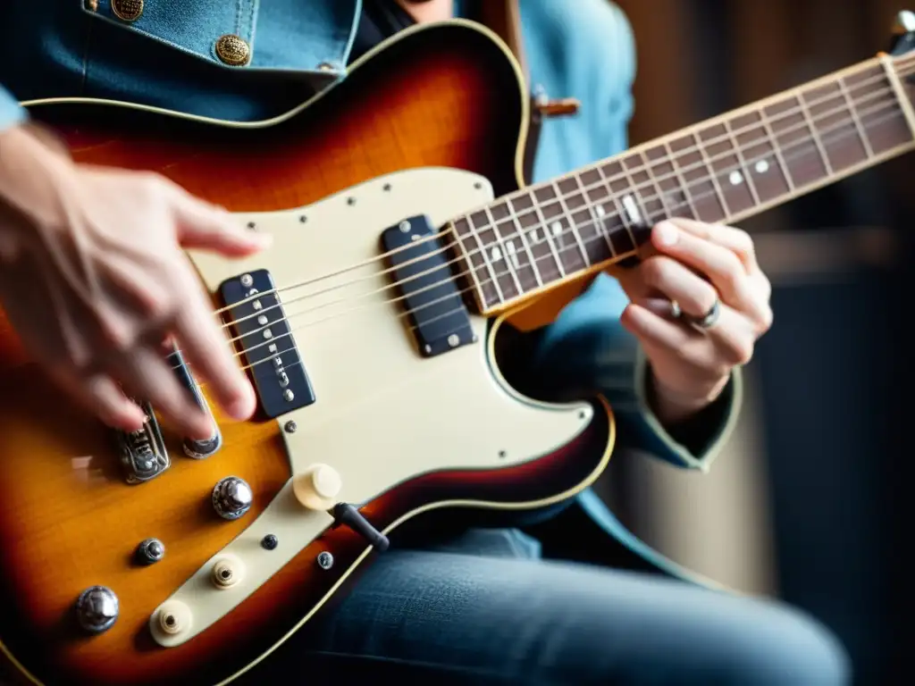 Un guitarrista ejecutando un puenteo alternativo con eficiencia y velocidad en una guitarra eléctrica, con detalles nítidos y expresión enfocada