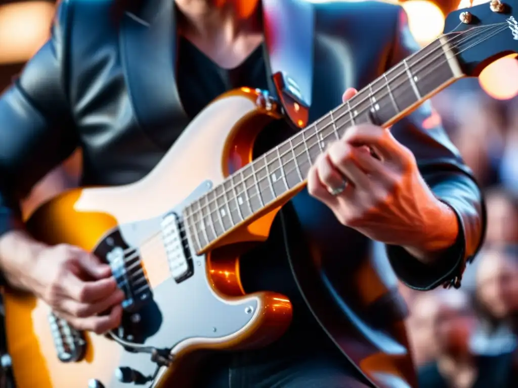 Un guitarrista ejecutando un solo apasionado en su guitarra eléctrica, con las cuerdas tensas y movimientos rápidos de sus manos