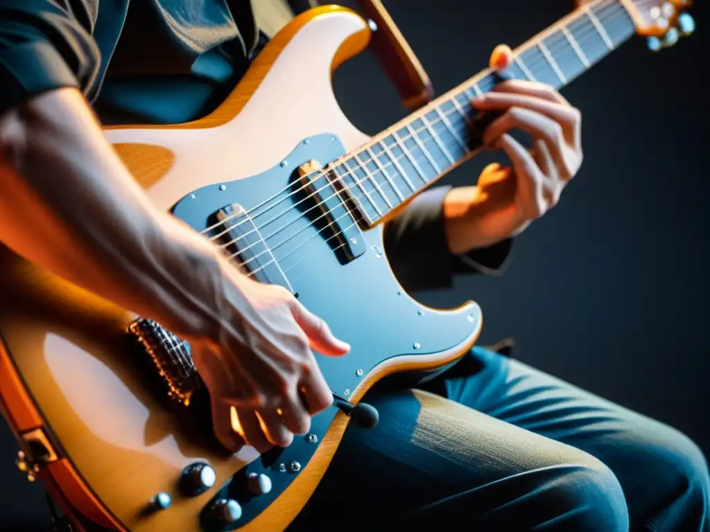 Un guitarrista improvisando un solo, mostrando las técnicas de improvisación en guitarra con destreza y pasión