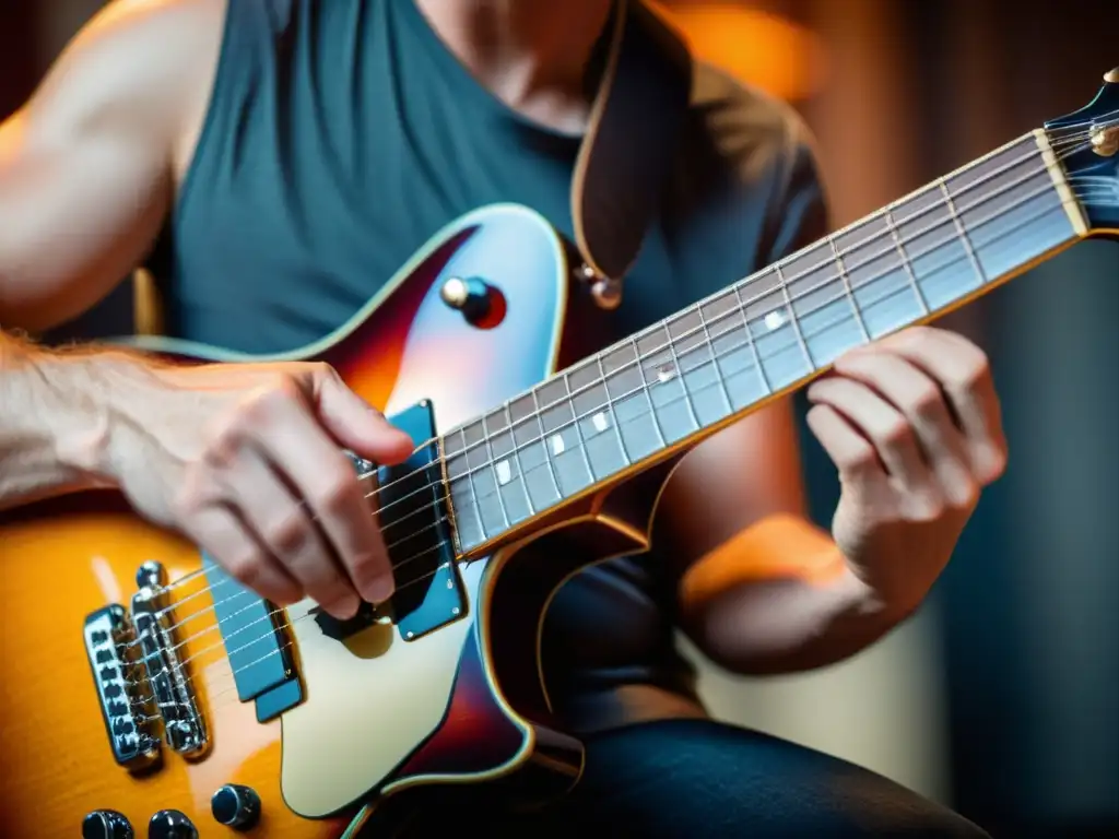 Un guitarrista ejecuta la técnica sweep picking en una guitarra eléctrica, mostrando destreza y precisión, con efectos dramáticos de luz