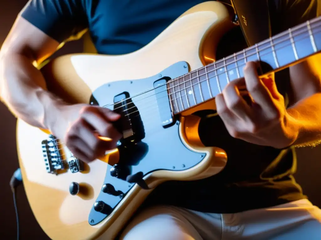 El guitarrista ejecuta la técnica sweep picking en una guitarra eléctrica, mostrando habilidad y precisión