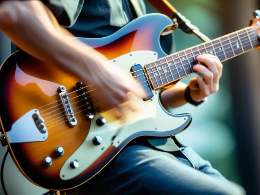 Un guitarrista ejecuta la técnica sweep picking en una guitarra eléctrica, con movimientos dinámicos y precisión